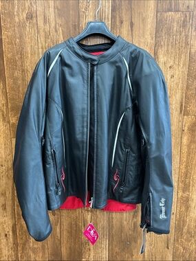 Power Trip Women's Black Leather Motorcycle Jacket with Red Trim